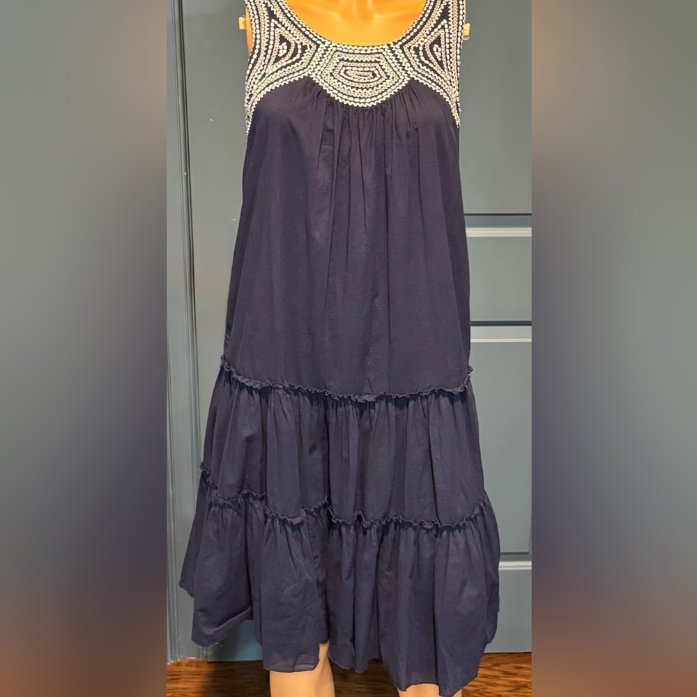 Navy Boho Embroidered Tiered Midi Dress Cotton Sleeveless Size S Klozlyne - Picture 3 of 8